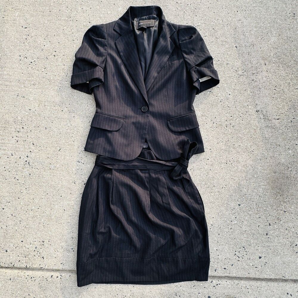 BCBG Max Azria Womens Pinstripe Skirt Suit Puff Sleeve Jacket Set Small